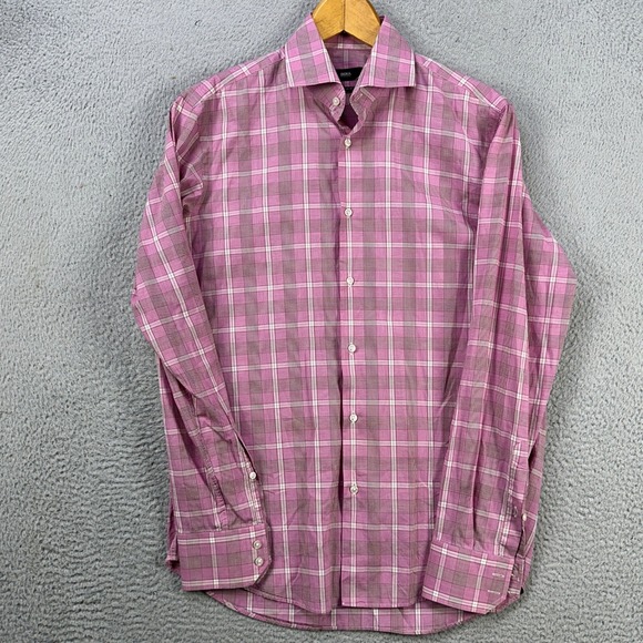 Hugo Boss Shirt Dress Mens 15.5 39 Pink Plaid Regular Fit Long Sleeve Button Up - Picture 1 of 11